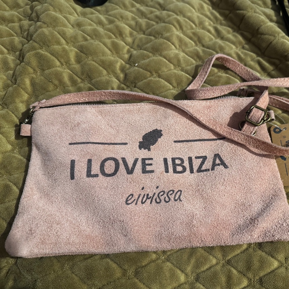 Pink suede, “I love Ibiza” eivissa, crossbody/wristlet  bag